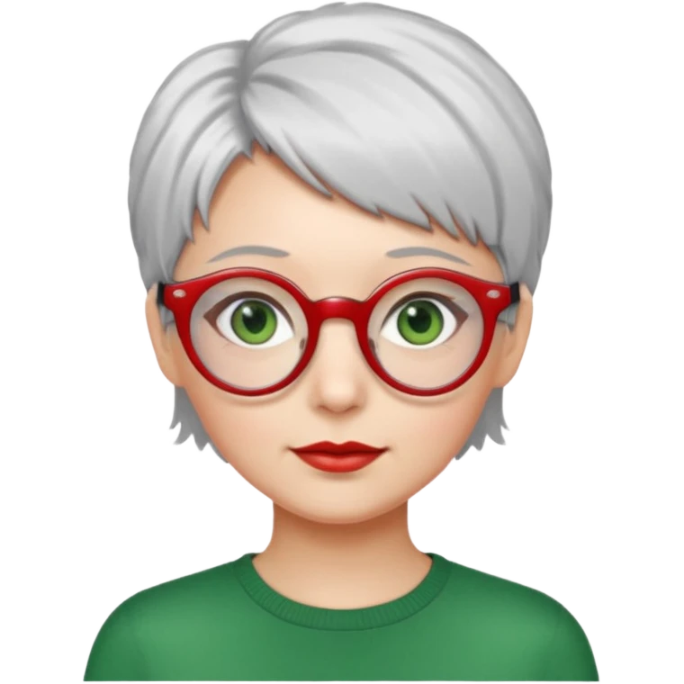 visage femme a lunettes fine ronde rouge avec cheveux courts gris-blancs aux yeux verts emoji