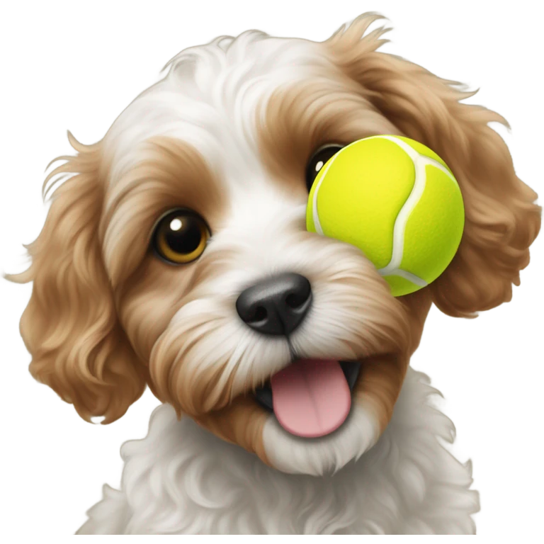 Cavoodle puppy playing with tennis ball at the beach emoji