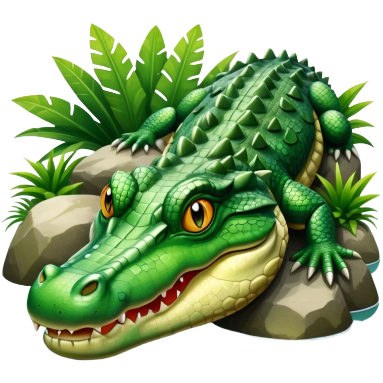 Crocodile resting, surrounded by rocks, water, and tropical plants. The green scales of the crocodile glisten under the light, with its sharp eyes focused ahead. The background features a naturalistic habitat with plants and water, giving it a lifelike feel. emoji