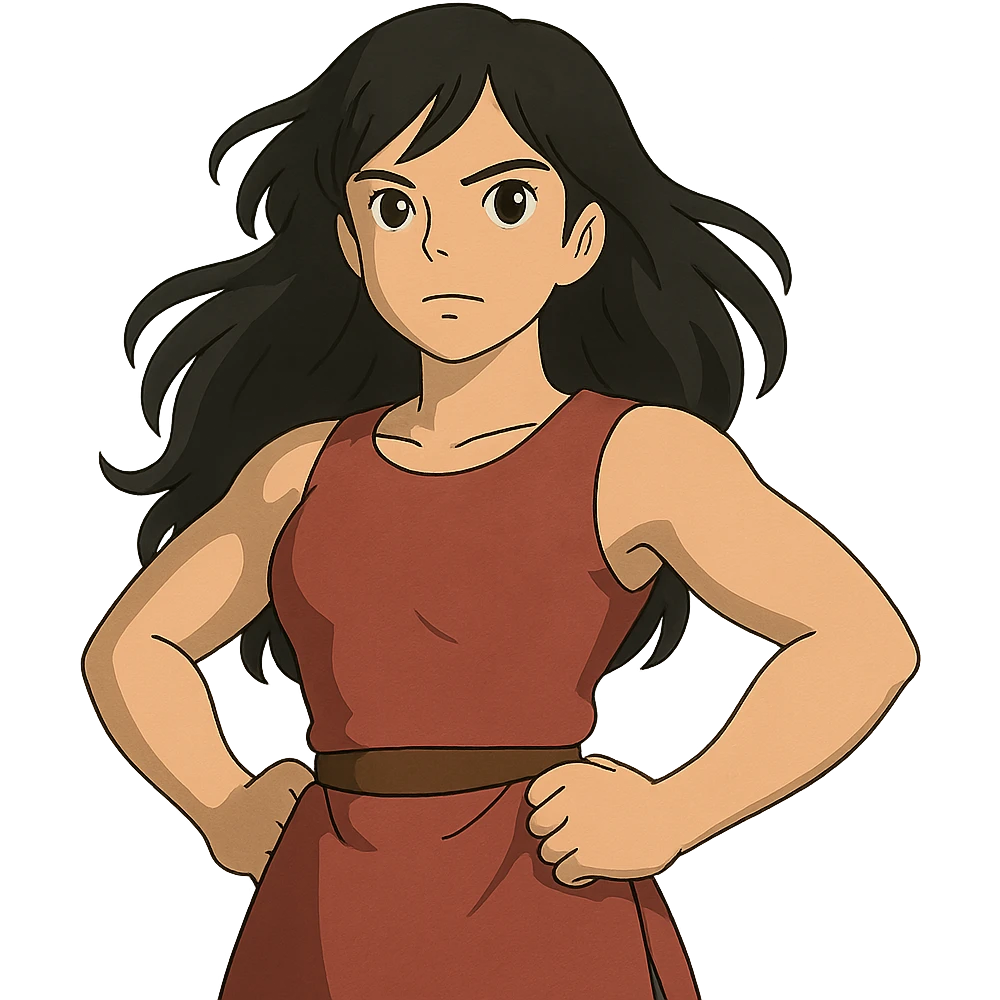 ghibli style strong girl with brown eyes, flesh-colored skin, long slightly wavy black hair emoji
