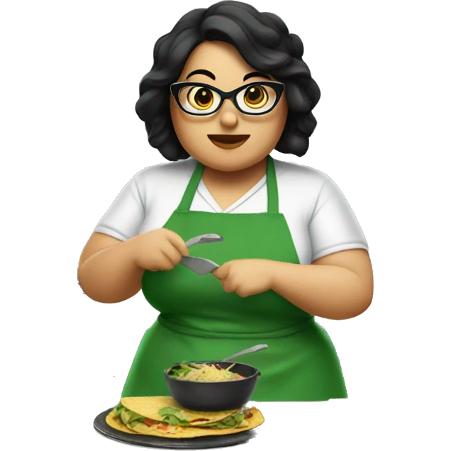 chubby lady with black hair green apron  with glasses cooking tacos emoji