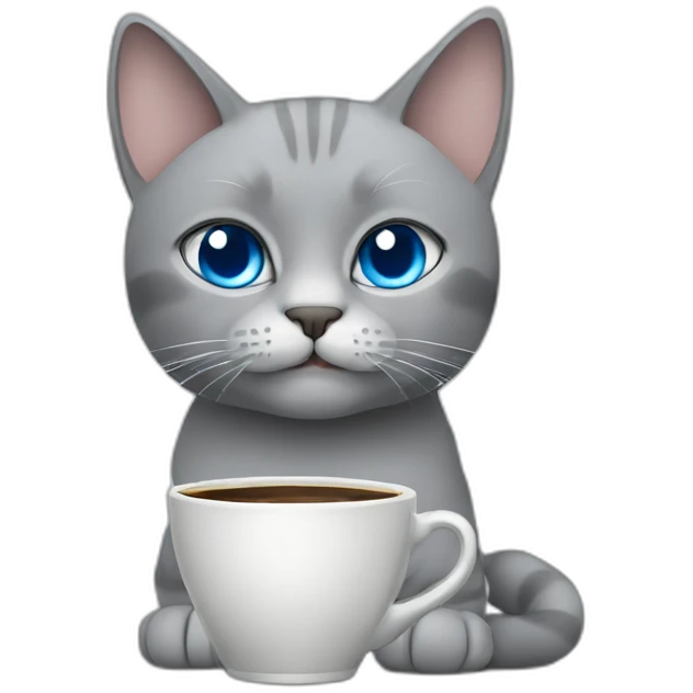 A blue-eyed gray cat with a cup of coffee emoji
