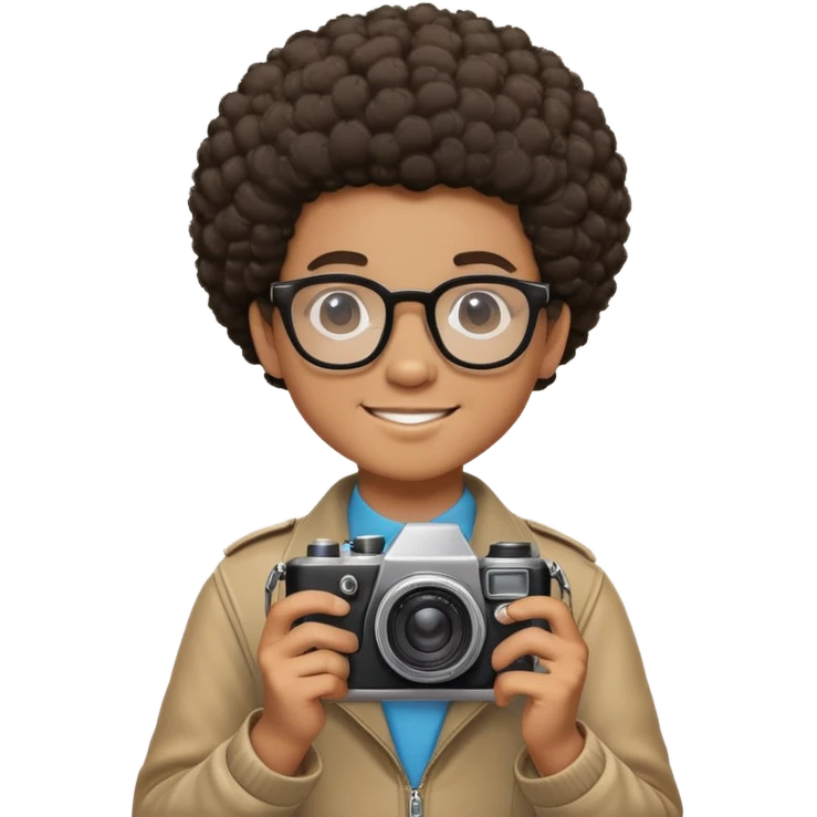 Boy photographer holding a camera tan skinned very kinda slicked short afro and glasses with a cute smile with dimples emoji