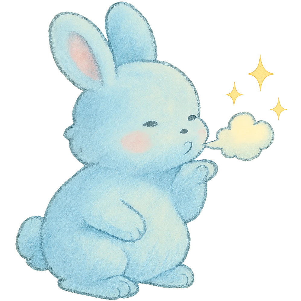 pastel blue bunny with cloud, blowing a kiss with sparkles, soft Ghibli style emoji