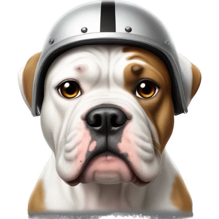 American bulldog with cropped ears wearing a raiders helmet emoji
