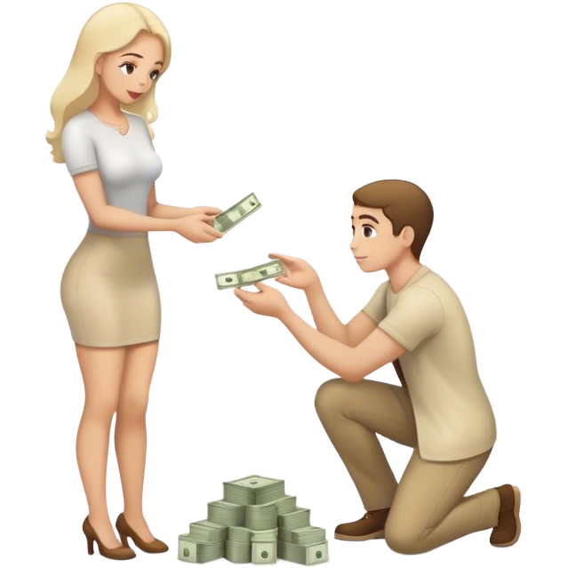 Man on knees woman standing handing her money emoji