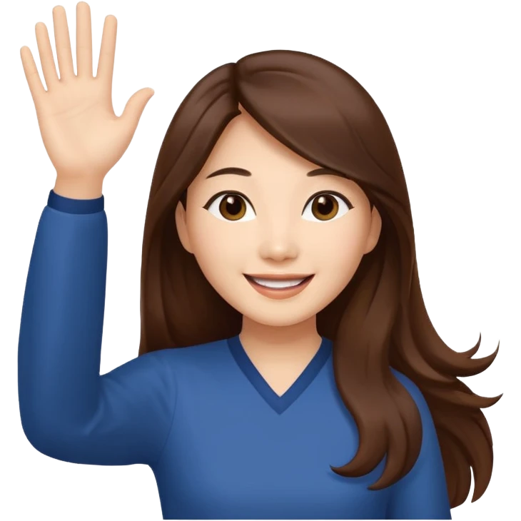 An Asian woman with long brown hair waving her hands emoji