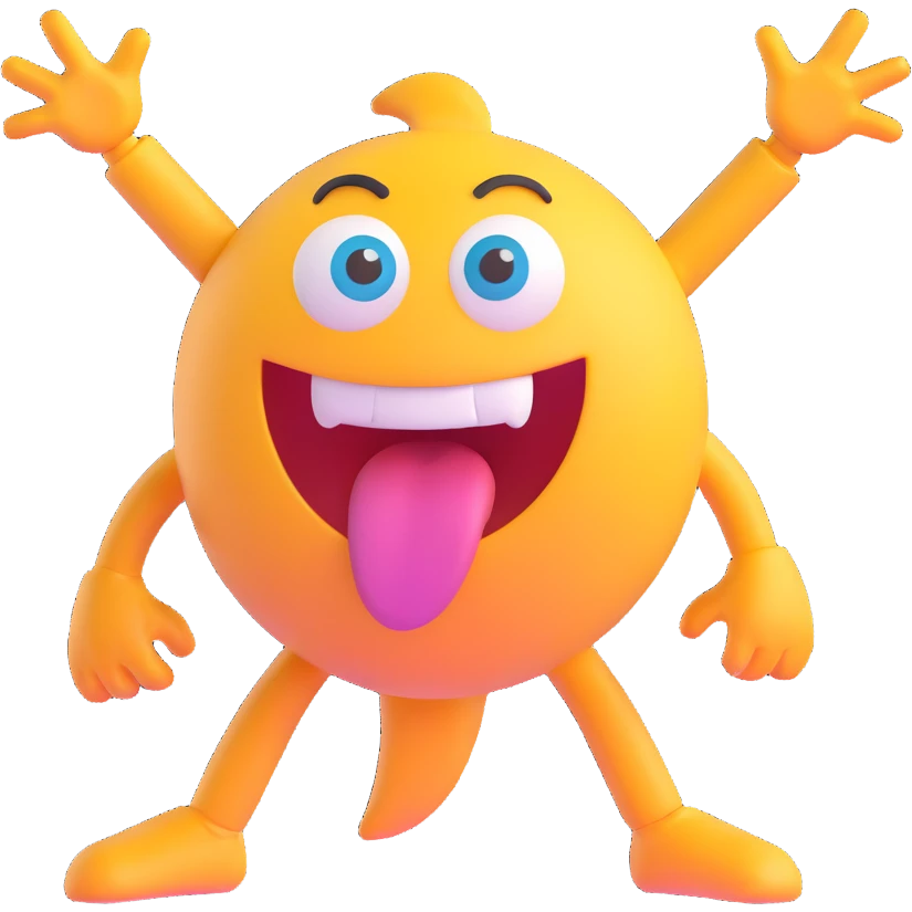 Make the expression even wilder with crossed and spinning eyes, huge open mouth, tongue out, energetic and silly, front facing, transparent background in 3D emoji style. emoji