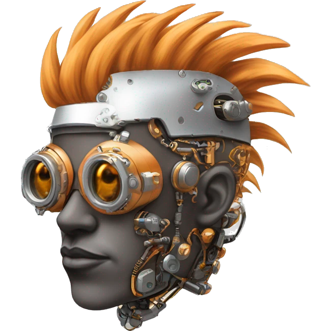 Light orange Mohawk hair male cyborg head with silver steampunk goggles and circuits emoji