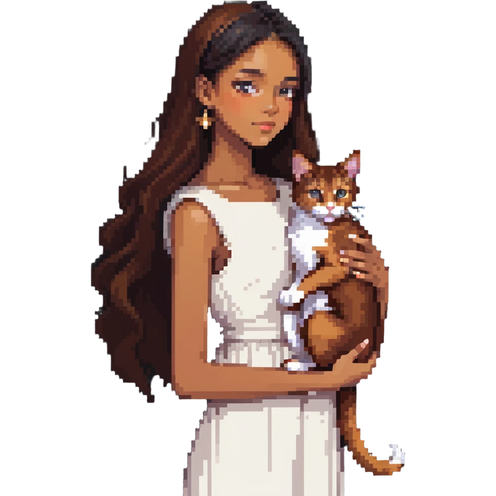 beautiful girl with long black hair wearing a white dress holding an Abyssinian cat with reddish-brown fur in her arms emoji