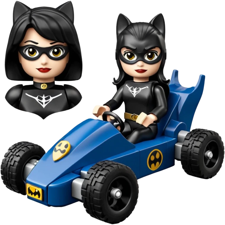 full size real-appearance road Lego racing sexy buxom CatWoman’s feminine midnight-colored tight outfit sixty’s tv show dark stealthy accurate sporty safe plush deluxe off-road pursuit drifting car jaguar (black hair,reclined and relaxed torso and shoulders back seating position) cross kart  emoji