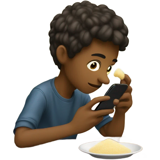boy with phone indoors sniffing sugar off his table emoji