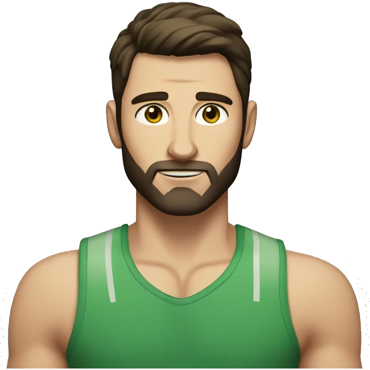 man, short dark brown straight hair, short beard, VERY LONG AND POINTY nose, white, green eyes, muscular, freckles emoji