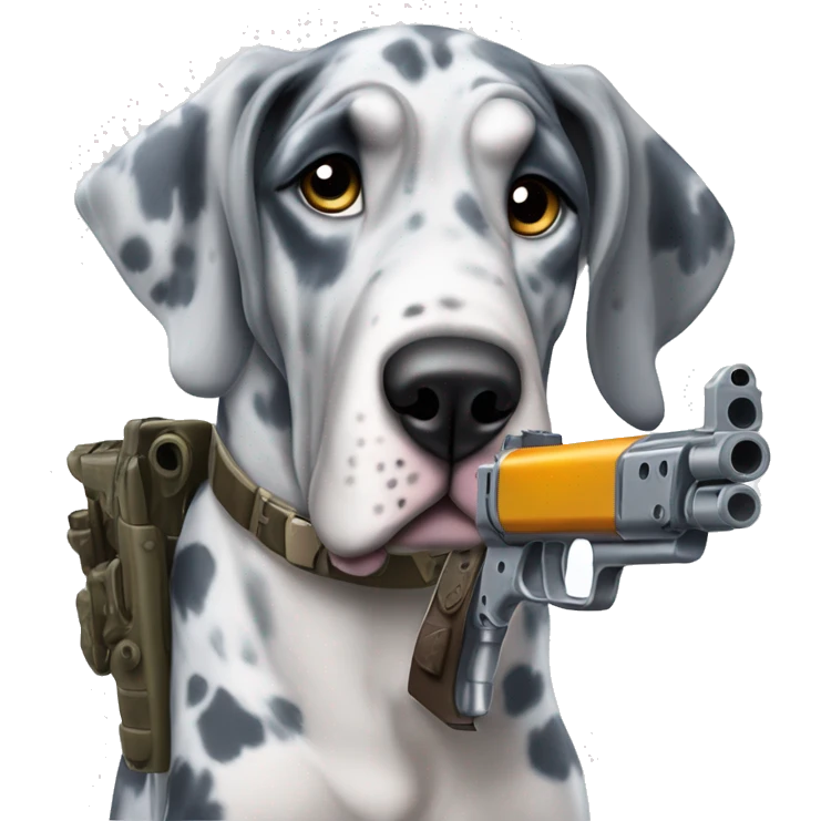Blue Merle Great Dane with a gun emoji