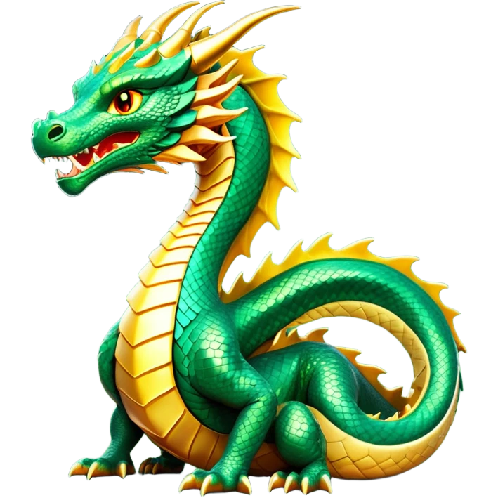 cinematic-noble-dragon-full body-emoji,-poised-and-majestic,-with-a-sinuous,-elongated-build-and-shimmering,-scale-covered-skin-in-hues-of-emerald-and-gold,-piercing,-fiery-eyes,-simplified-yet-sharp-and-sophisticated-features,-highly-detailed, zoomed out showing the serpentine body emoji