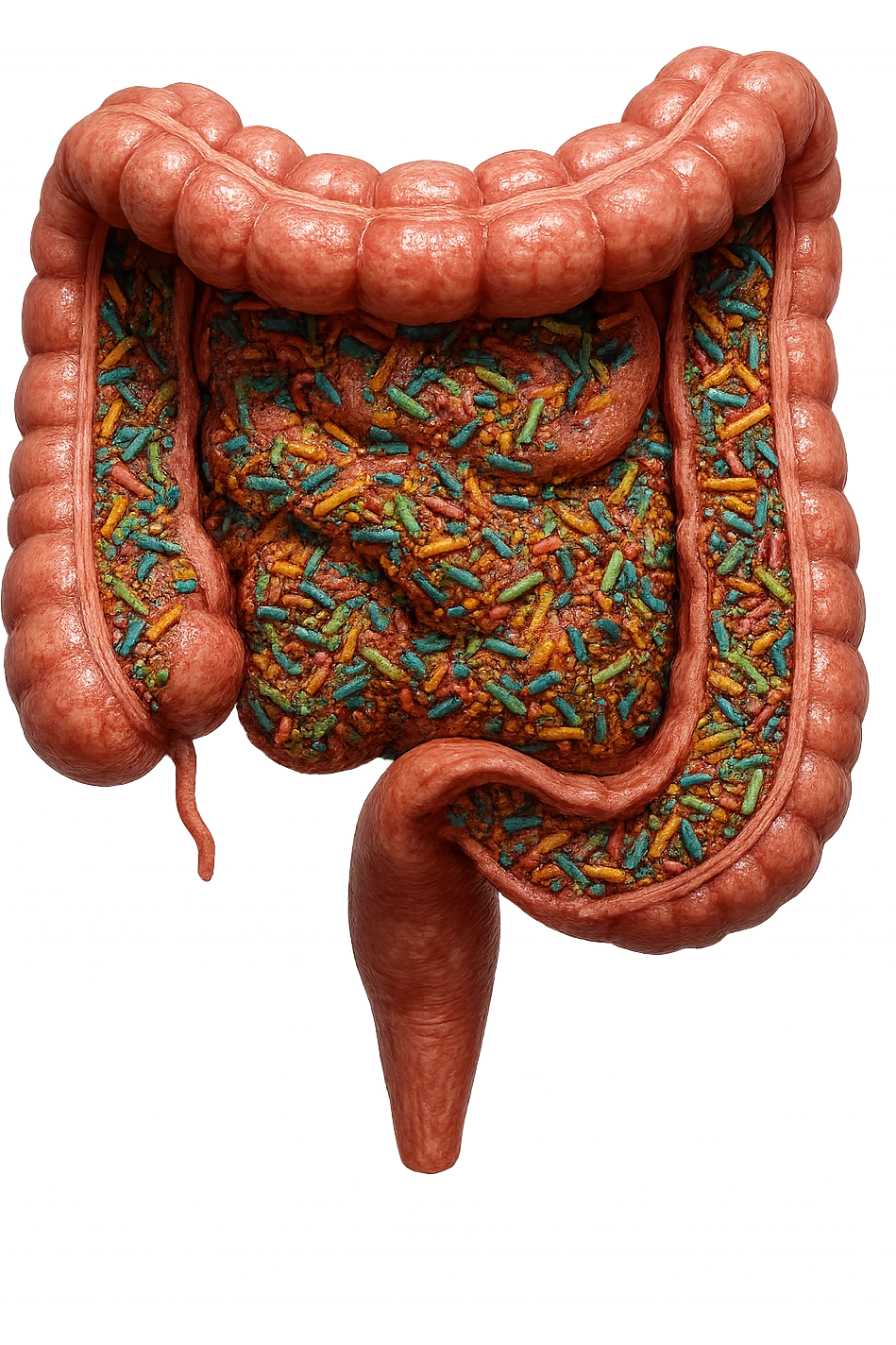 COLON DI UN INTESTINO UMANO ANATOMICO CON ALL'INTERNO PIENO DI BATTERI INTESTINALI, IPERREALISTICO 4K, NON DISEGNATO emoji