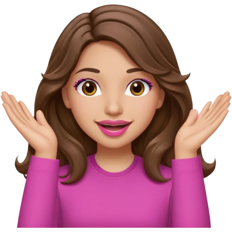 girl with long wavy brown hair, brown eyes, light to medium complexion, in a pink shirt, pink lips, long lashes, puckered lips, both hands in teh air emoji