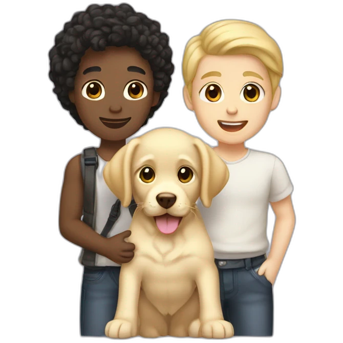 white gay couple blackhair-slightly-curly holding one light yellow labrador retriever puppy emoji