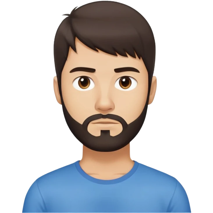 Argentine male with longer straight dark brown hair reaching shoulders, bangs, short complete beard, serious neutral face, wearing plain blue t-shirt emoji
