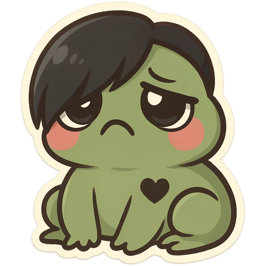 chibi sticker-style frog with an emo face, black heart accent, cute and exaggerated emoji