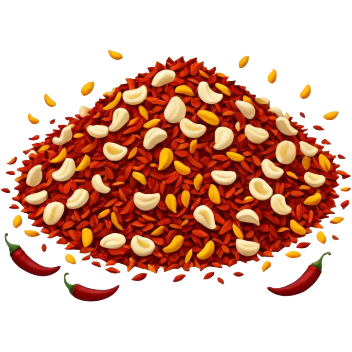crushed red chili flakes, loose scatter, irregular shapes, crimson to dark orange, some with yellow seeds, dry rough surface, spicy, no bowl or garnish, apple emoji style, soft lighting, transparent background, emoji scale emoji