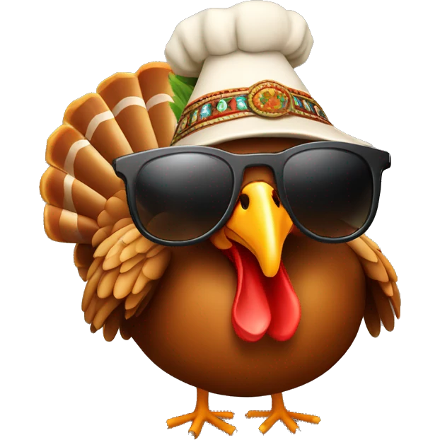 Cooking turkey with sunglasses and indian hat emoji