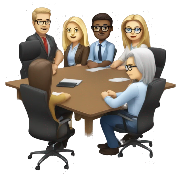 meeting table with 6 people seated two men, both width buzcuts and glases, two blonwimen with long hair, two brownhaired women with long hair and one brown haired woman with short hair emoji