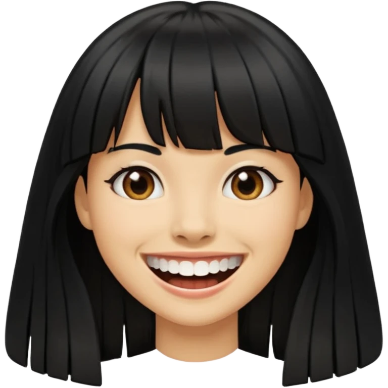 Woman a little tan with long black hairs and bangs, appearing teeth emoji