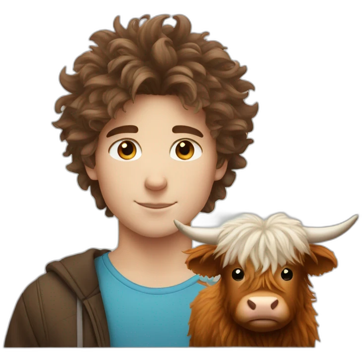 white brunette boy with fluffy hair with fluffy highland cow emoji