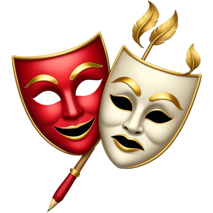 Create a bold and dramatic emoji representing the art of playwriting. The design should feature an open script or a theater playbook, with stylized text inside. Include elements like a theatrical comedy and tragedy masks, a stage spotlight, or a writting quill to symbolize creativity and performance. Use deep, contrasting colors like red, black, and gold to evoke the intensity and passion of drama. The overall design should feel dramatic, inspiring, and artistic. Make the background transparent. emoji