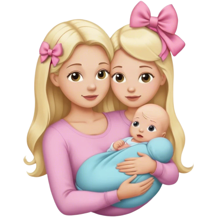 Blonde long hair mom with newborn baby girl bald wearing a hairbow emoji