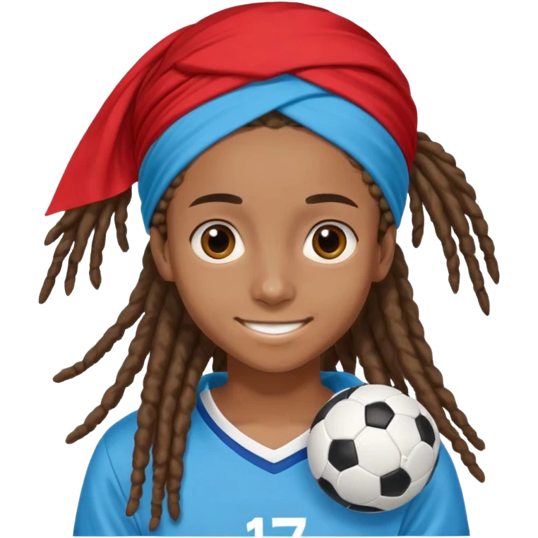 "- nam
- 17 tuổi
- Da nâu
- Tóc Dreadlock lọn bé, đội khăn xanh nước biển
- Cười mỉm, mắt to
- Mặc áo bóng đá màu đỏ emoji