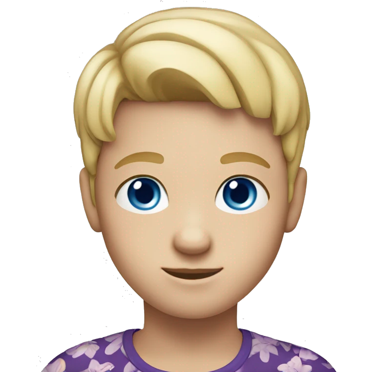 Kid with blue eyes and blonde hair wearing a purple flower shirt and is white skinned emoji