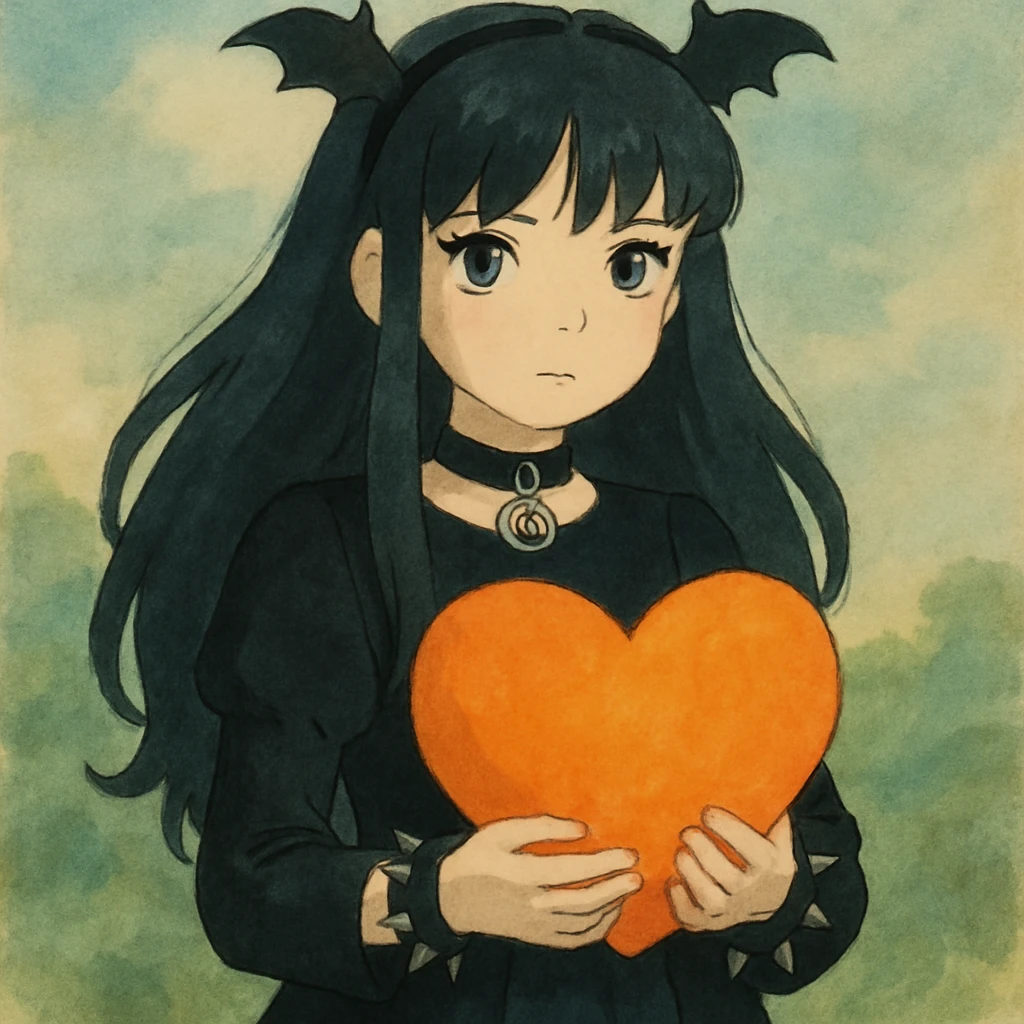 Make the heart orange, keep the soft and painterly ghibli style with goth accessories. emoji