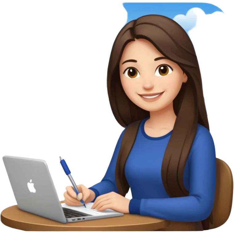 웃는 얼굴로 이메일 쓰는 브루넷 긴머리 여자, 뒤에는 로스앤젤레스 풍경 emoji