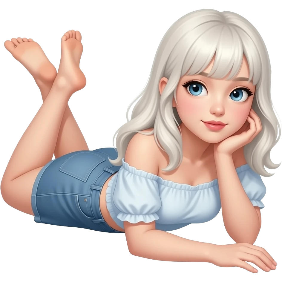 una ragazza bianca sdraiata a pancia in giù con gonna corta e top scollato con i piedi realistici alzati emoji