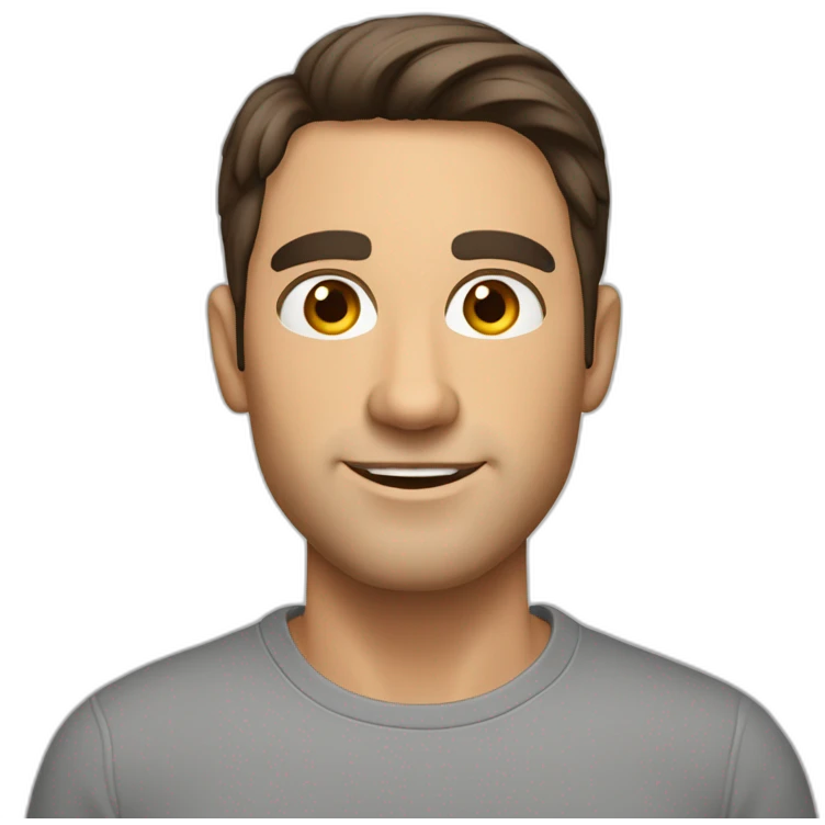 Caucasian man with, tanned skin, short dark hair, brown eyes, big nose, emoji