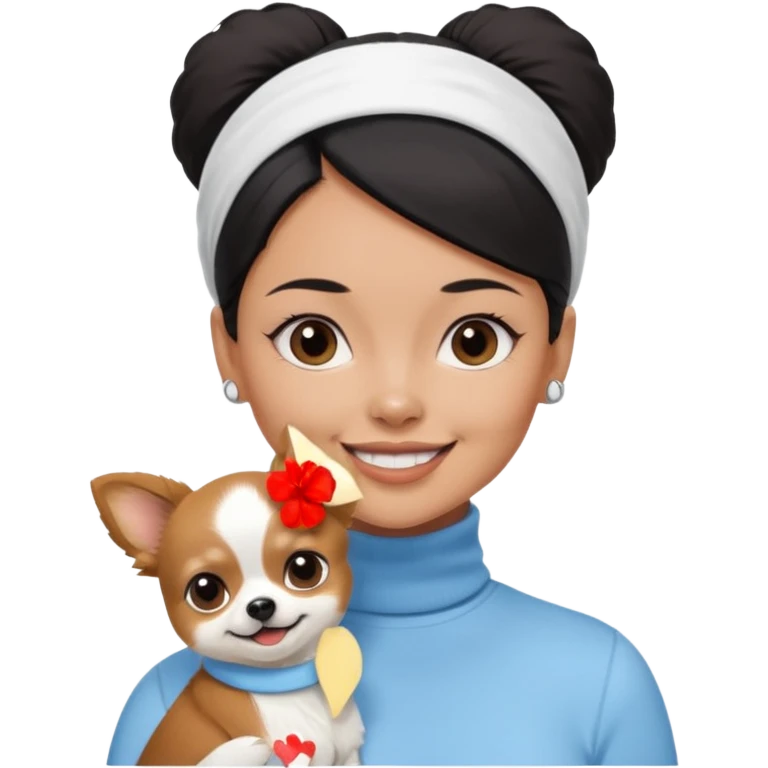 tan skin woman, with short black hair in a slicked back ponytail with forehead showing, with white headband, wearing solid pastel blue turtleneck shirt, smiling carrying dark brown-white furry fuzzy chihuahua papillon pomeranian dog emoji