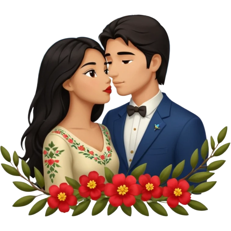 Kissing Couple traveling in Montenegro russian man and elegant  Latina girl delicate flowers and mountains in the background  emoji