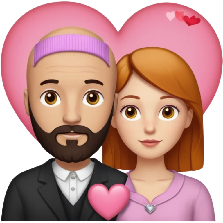 Couple. Bald man with dark brown-black beard. White woman with many small, faded freckles, white skin and she has auburn-yellow-brown-caramel, dark hair. She has light orange-brown eyes. The man have hazel eyes. They are inside one big heart. Retro style. emoji
