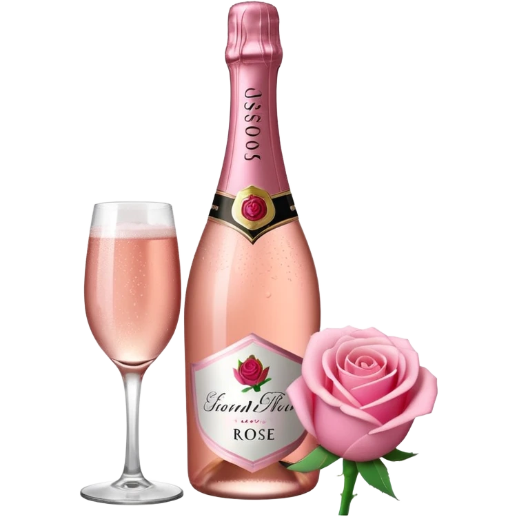 bottle of sparkling rose champagne tilted up and to the right, with a rose logo emoji