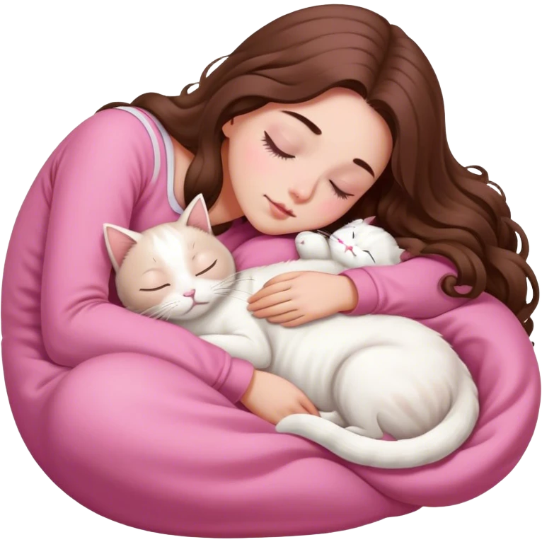 A pretty white girl with very long brown hair and pink clothing sleeping curled up to a white cat  emoji