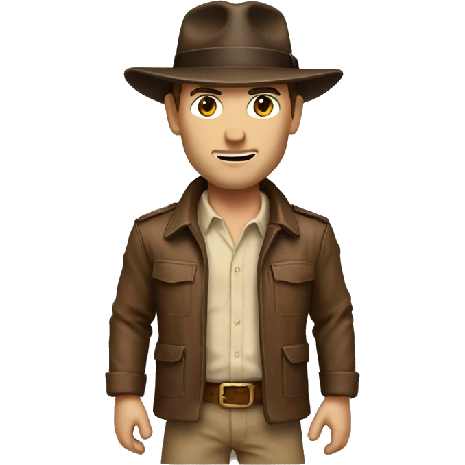 White Indiana Jones with a dark brown jacket and a brown hat, beige shirt emoji