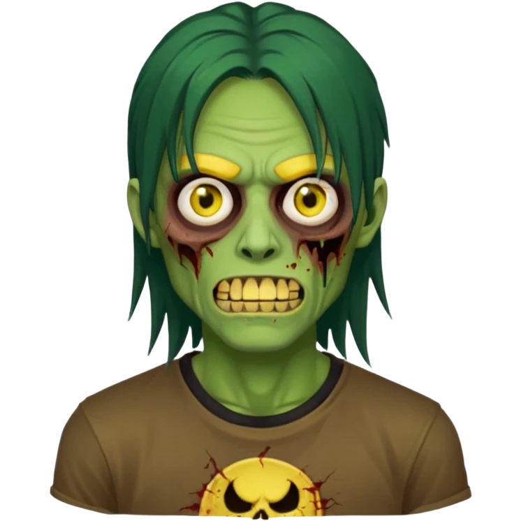 I want you to give me a zombie man and his skin its green who has golden teeth, yellow eyes, eyebrows and black hair, the hair I want to be a long modcut cut and is wearing a brown affliction T-shirt and thin circular lenses emoji