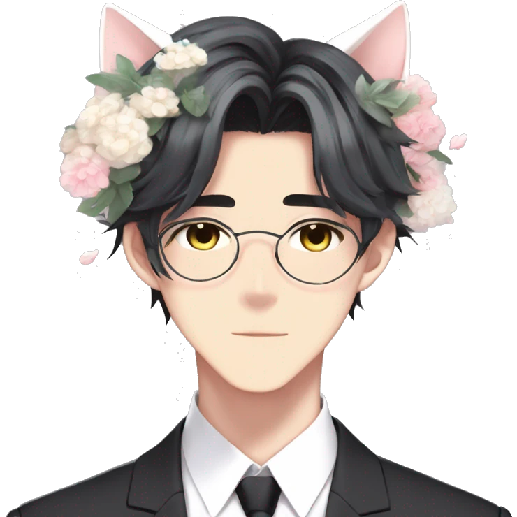 Gorgeous romantic anime style Asian formal modern shojo guy with cat ears and flowers and blushing face aesthetic trending style outside emoji