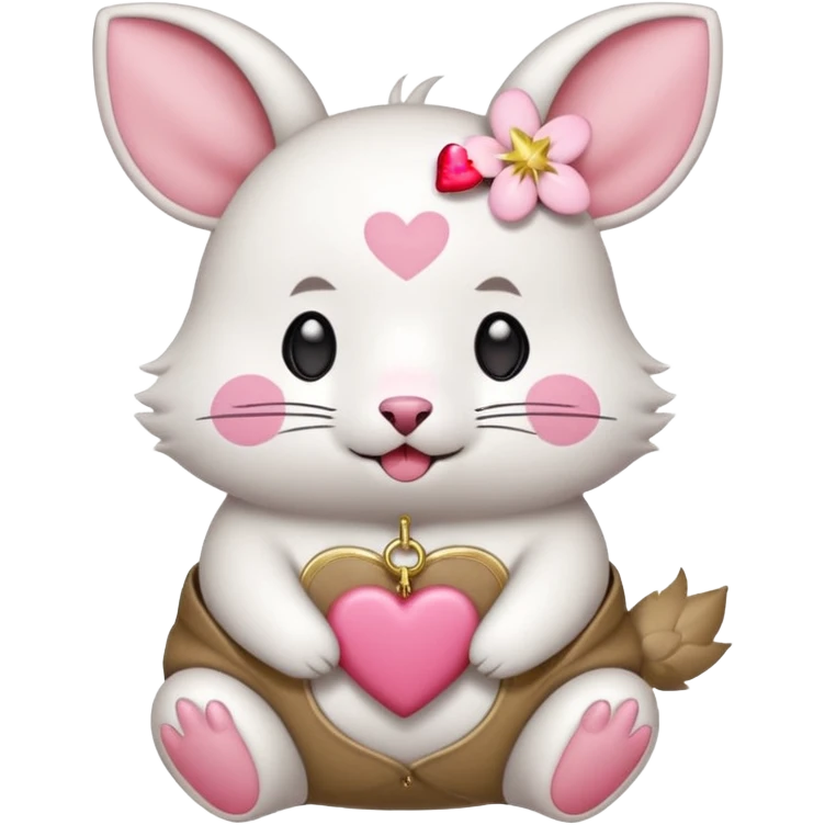 GENERATE ME A MOMONGA WHITE ANIMAL  FROM CHIIKAWA AND PUT A SAKURA FLOWER ON HIS HEAD AND A STAR PELT ON HIS BELLY AND A HEART PURSE ON HIS ARM WITH HIS FACE MAKE HIS TOUNGE STICK OUT WITH A LITTLEPINCH OFDROOL AND MAKE HIM ANIME emoji