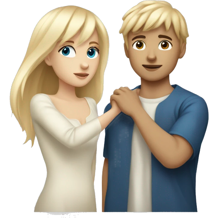 Girl with long back hair with bangs and tan skin kissing boy with blonde hair blue eyes and white skin emoji