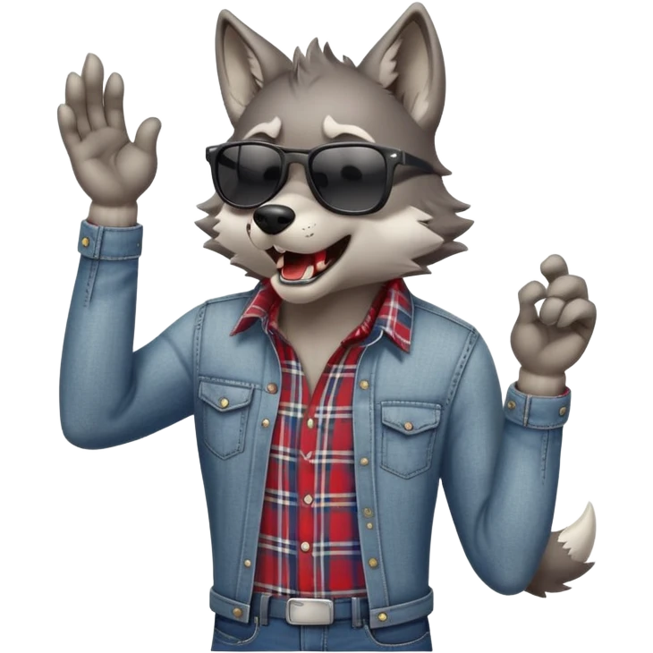 friendly anthropomorphised wolf in jeans and plaid shirt, wearing dark sunglasses, howling, dynamic pose emoji