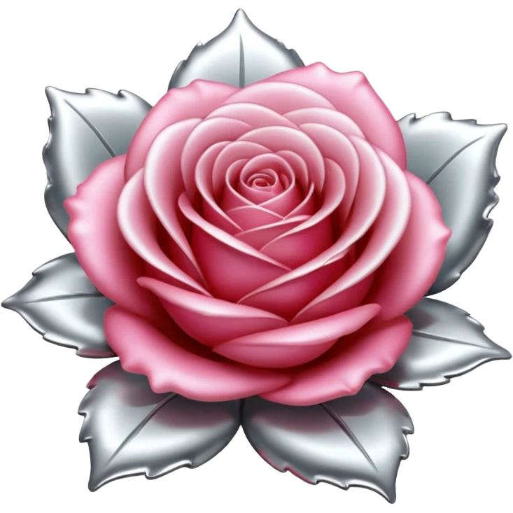 A rose emoji made of liquid silver metal, smooth metallic petals, reflective chrome surface, soft gradients, elegant shape, minimalistic iOS emoji style, centered, clean white background, realistic highlights, no text emoji