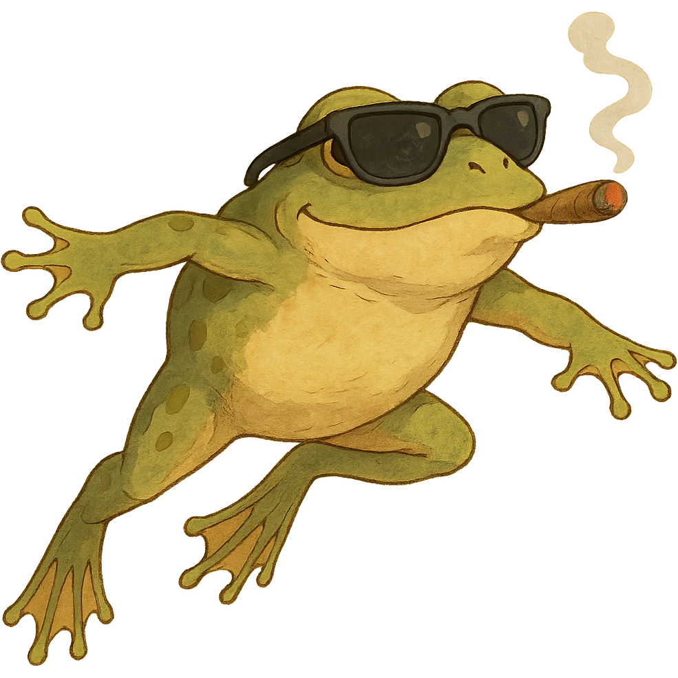 detailed frog leaping, wearing ray bans, looking very satisfied, smoking a cigar, in ghibli style emoji